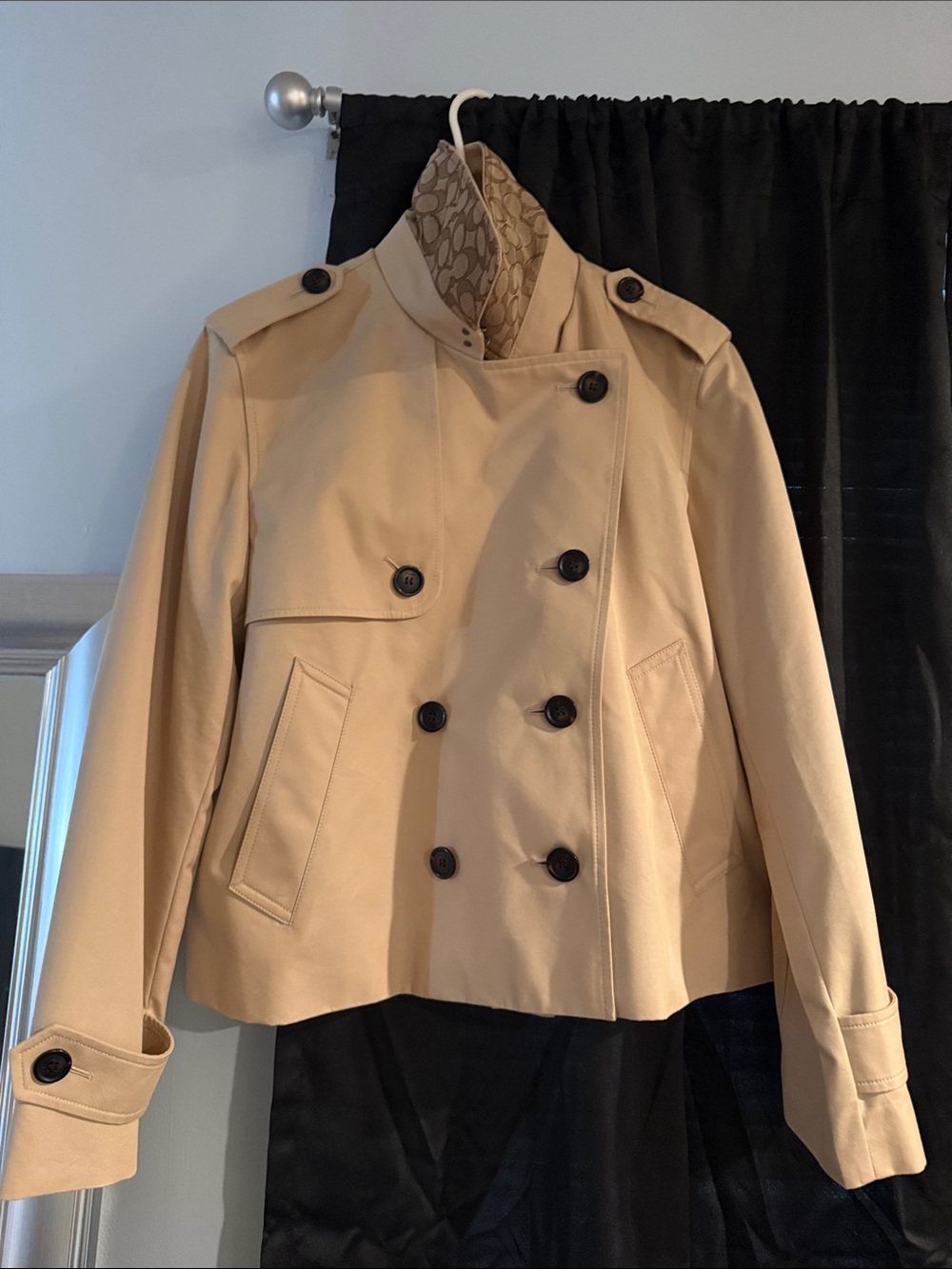 Coach Women's Beige Short Trench Coat with Dark Buttons